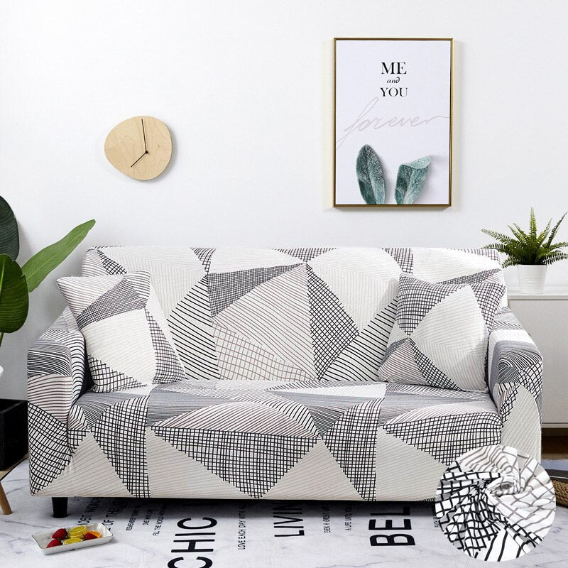 Anyhouz 2 Seater Sofa Cover White Geometric Style and Protection For Living Room Sofa Chair Elastic Stretchable Slipcover-Slipcovers-PEROZ Accessories