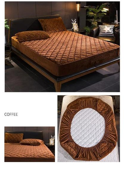 Anyhouz Mattress Cover Coffee 180x220cm Crystal Velvet Thicken Quilted Warm Soft Plush Bed Sheet-Bed Sheets-PEROZ Accessories