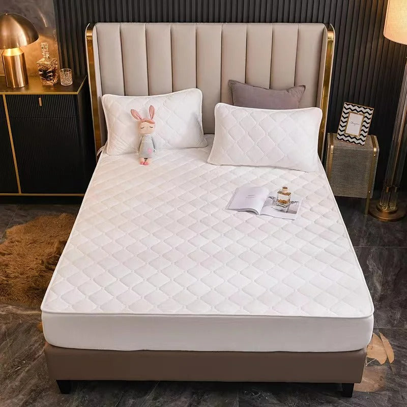 Anyhouz Mattress Cover Offwhite Queen Size Crystal Velvet Thicken Quilted Warm Soft Plush Bed Sheet-Bed Sheets-PEROZ Accessories
