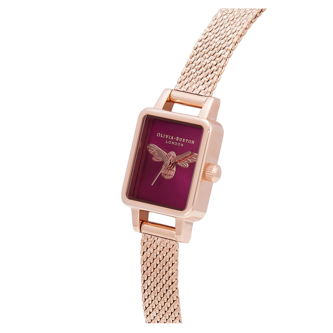 Olivia Burton Ionic Rose Gold Plated Steel Burgundy Sunray & Bee Dial Ladies Watch - OB16FB28-Quartz Watches-PEROZ Accessories
