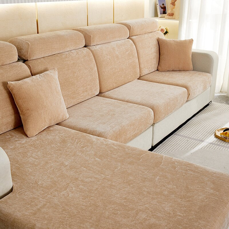 Anyhouz Sofa Cover Coffee L-Shape Polyester Chenille Thick Stretchable Cushion For Living Room Normal Size Small-Slipcovers-PEROZ Accessories