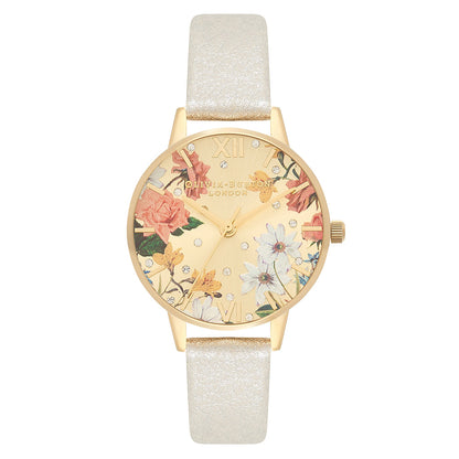 Olivia Burton Shimmer Pearl Leather Pale Gold &amp; Floral Dial Ladies Watch - OB16BF35-Quartz Watches-PEROZ Accessories