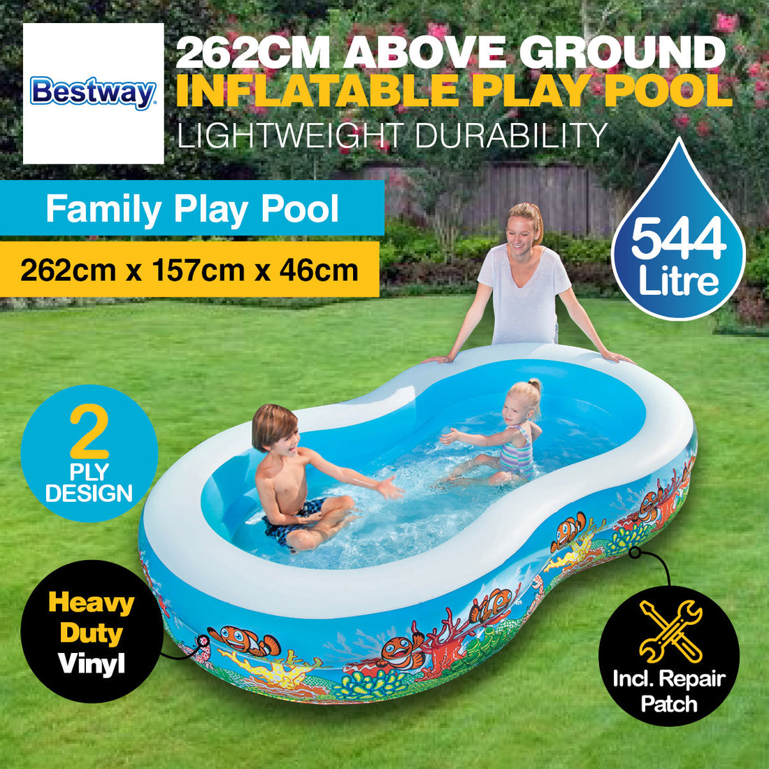 Bestway Swimming Pool Above Ground Inflatable Family Fun 262cm x 157cm x 46cm-Home &amp; Garden &gt; Pool &amp; Accessories-PEROZ Accessories
