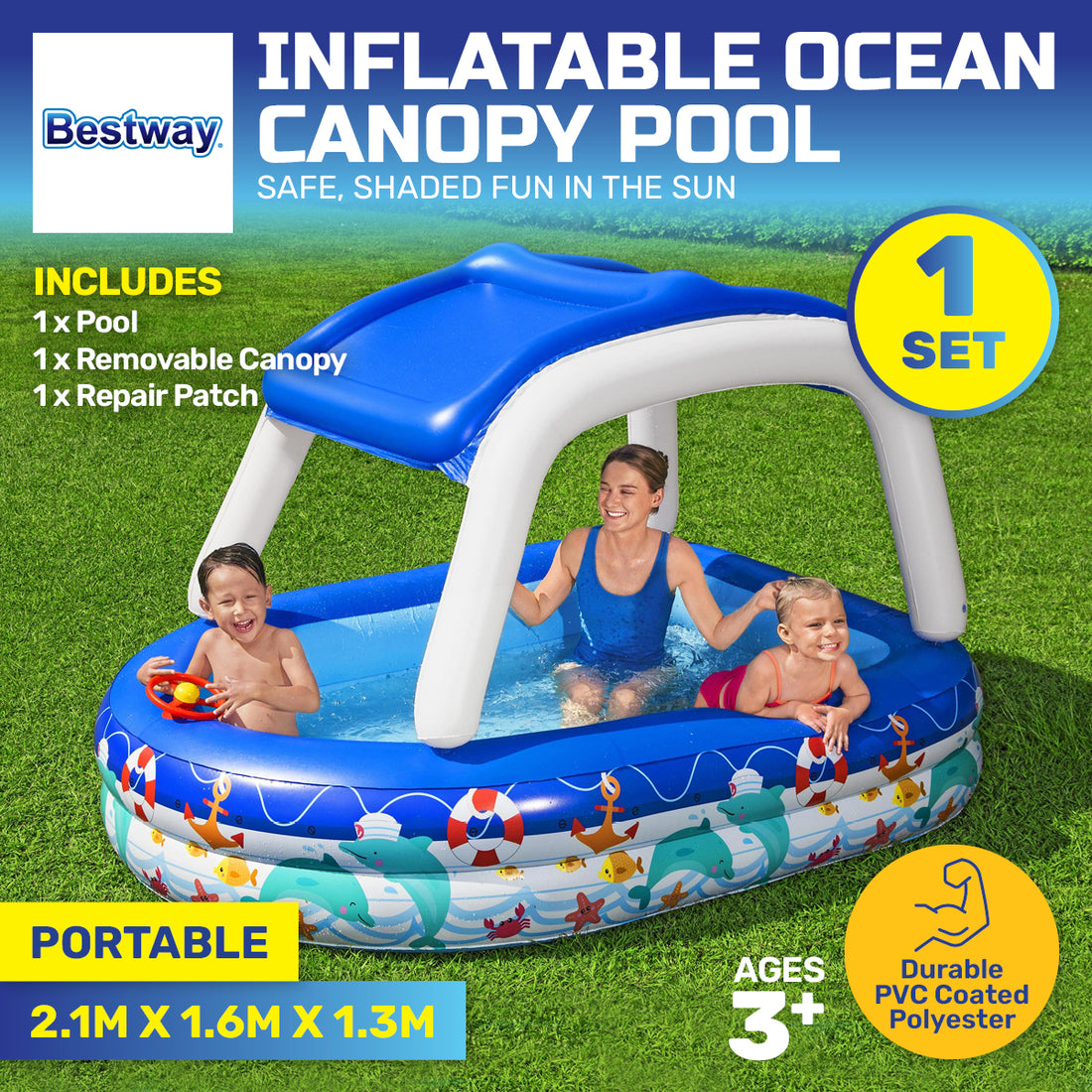 Bestway Inflatable Pool Removable Canopy Boat Design Ocean Themed 282L-Home &amp; Garden &gt; Pool &amp; Accessories-PEROZ Accessories