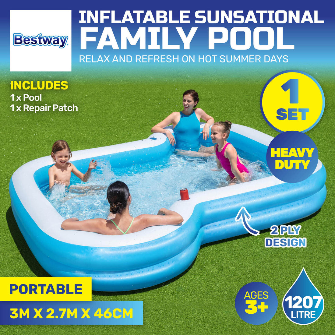 Bestway Inflatable Sunsational Family Pool Mosaic Printed Base 1207L-Home &amp; Garden &gt; Pool &amp; Accessories-PEROZ Accessories