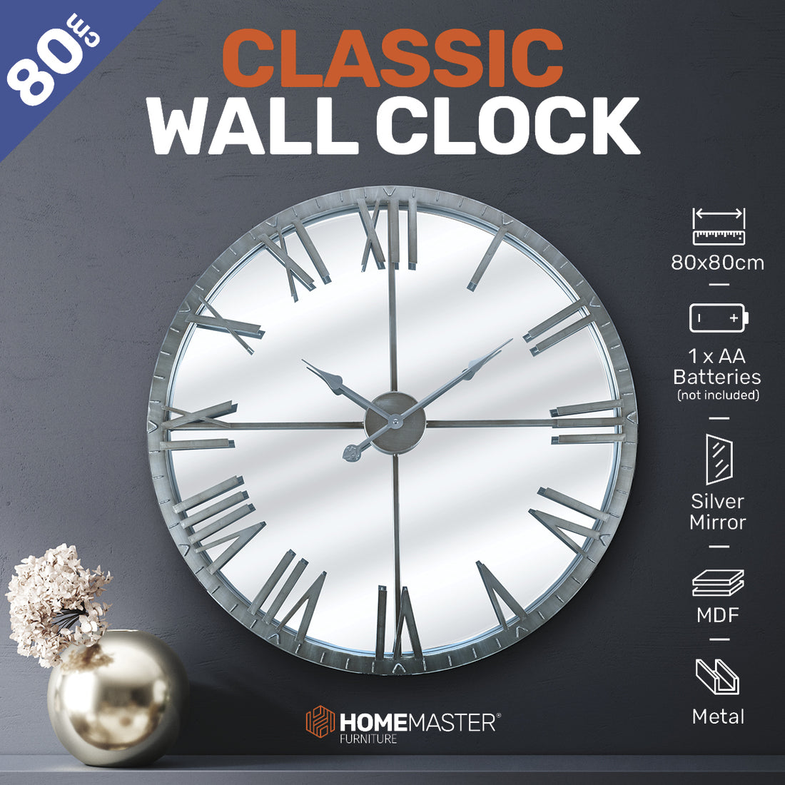 Home Master Wall Clock Roman Numerals Stylish Mirror Face Metal Accents 80cm-Home &amp; Garden &gt; Wall Art-PEROZ Accessories