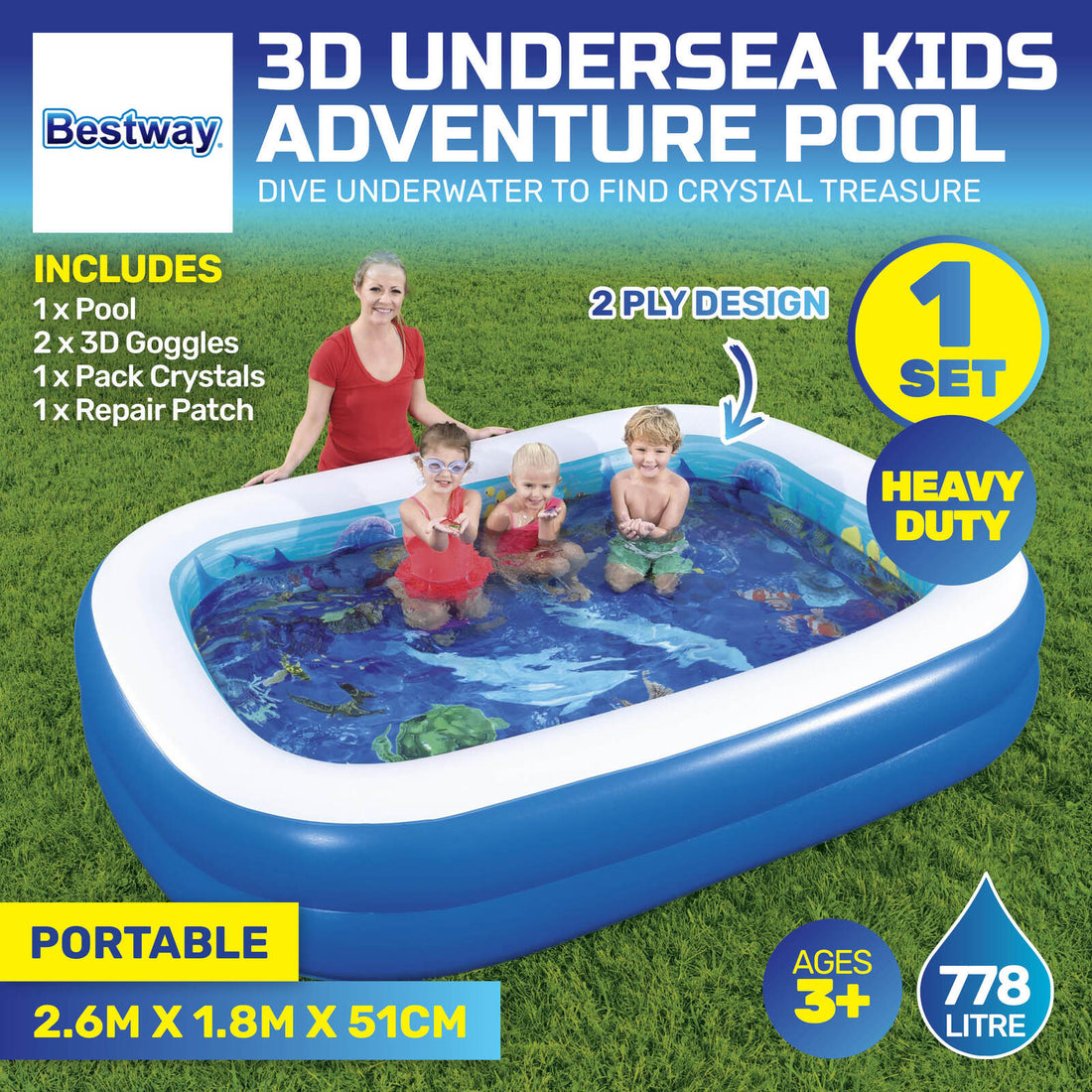 Bestway Inflatable Kids Pool 3D Undersea Adventure 3D Goggles Included 778L-Home &amp; Garden &gt; Pool &amp; Accessories-PEROZ Accessories
