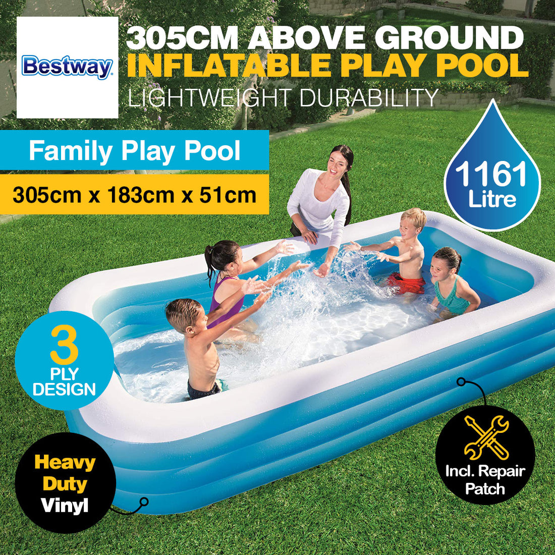 Bestway Swimming Pool Above Ground Inflatable Family Fun 305cm x 183cm x 51cm-Home &amp; Garden &gt; Pool &amp; Accessories-PEROZ Accessories