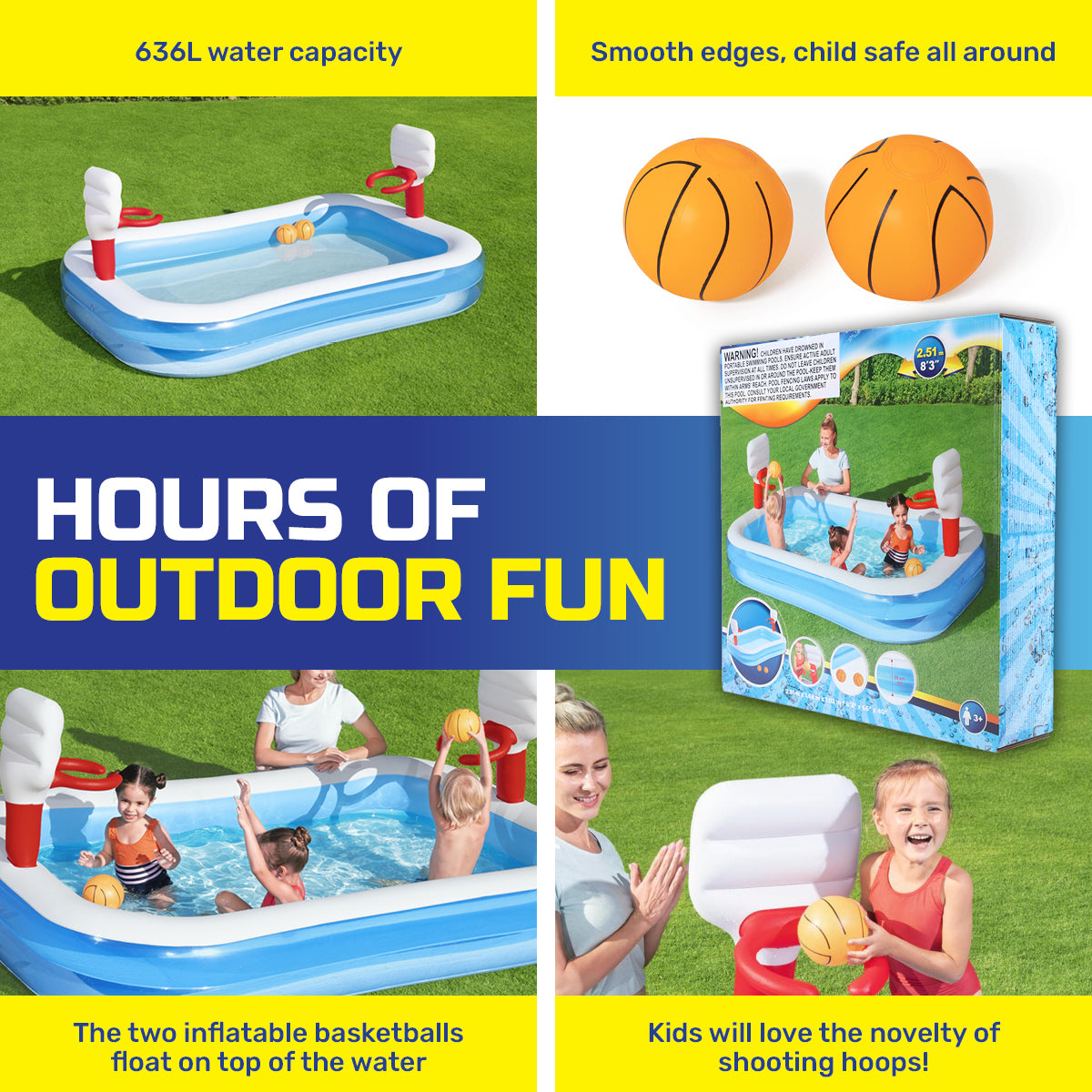Bestway Inflatable Kids Basketball Pool Built-In Hoops Balls Included 636L-Home &amp; Garden &gt; Pool &amp; Accessories-PEROZ Accessories